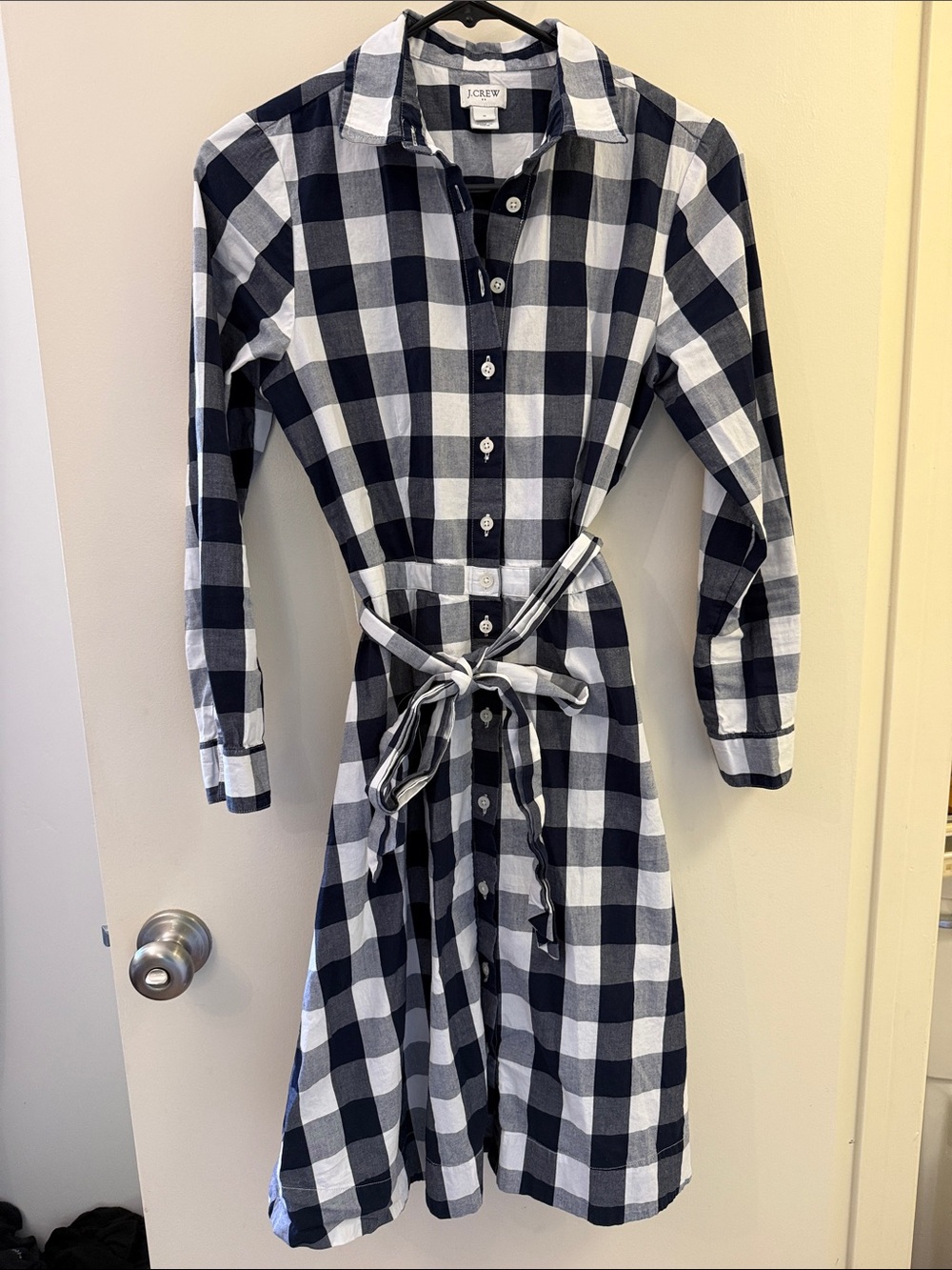 J. Crew Navy and White Buffalo Check Tie-Waist Shirt Dress
